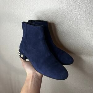 Stuart Weitzman Navy Blue Velvet Bootie-Boot Pearl Bacari Block Heel Women's 5.5